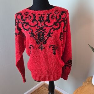 Vintage 80s Statement Red And Black Beaded Sweater